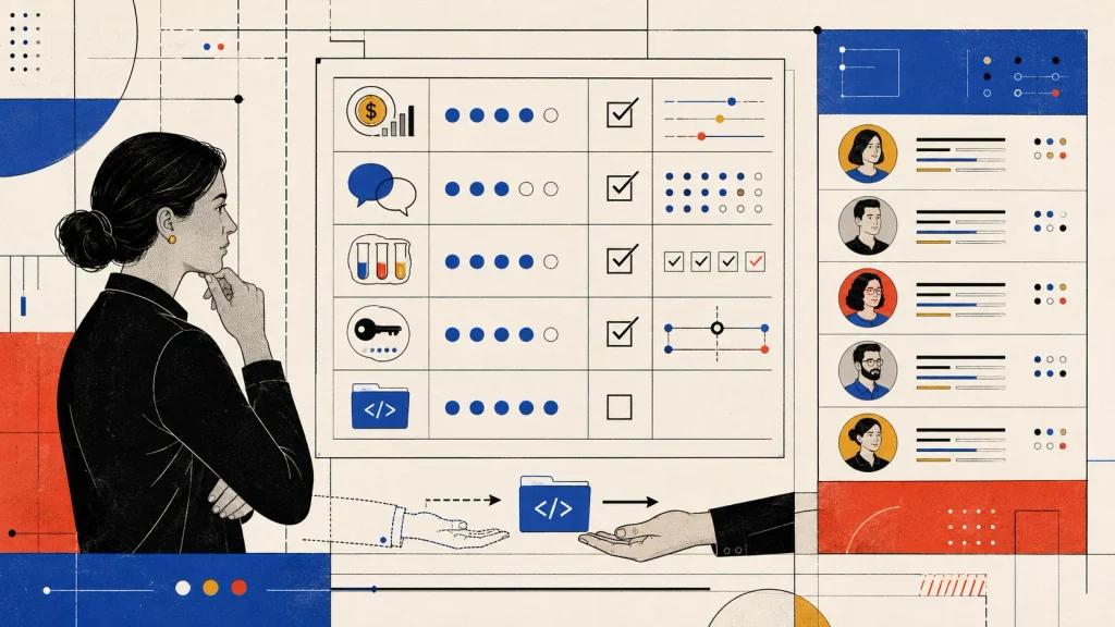 A client evaluating a development partner using a structured project checklist, with subtle symbols representing c