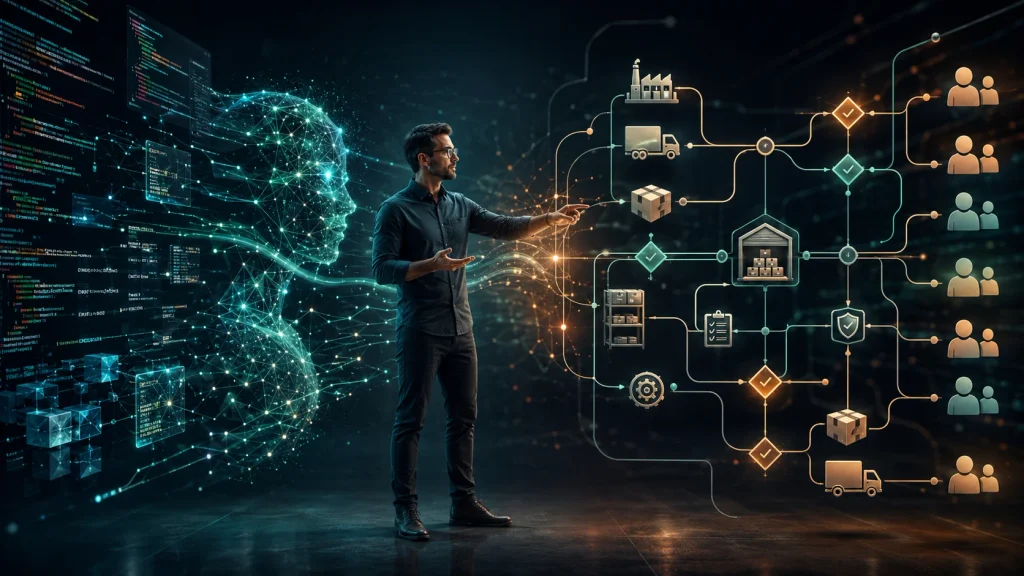 A developer working alongside an AI assistant, with abstract code fragments on one side and a detailed business wo