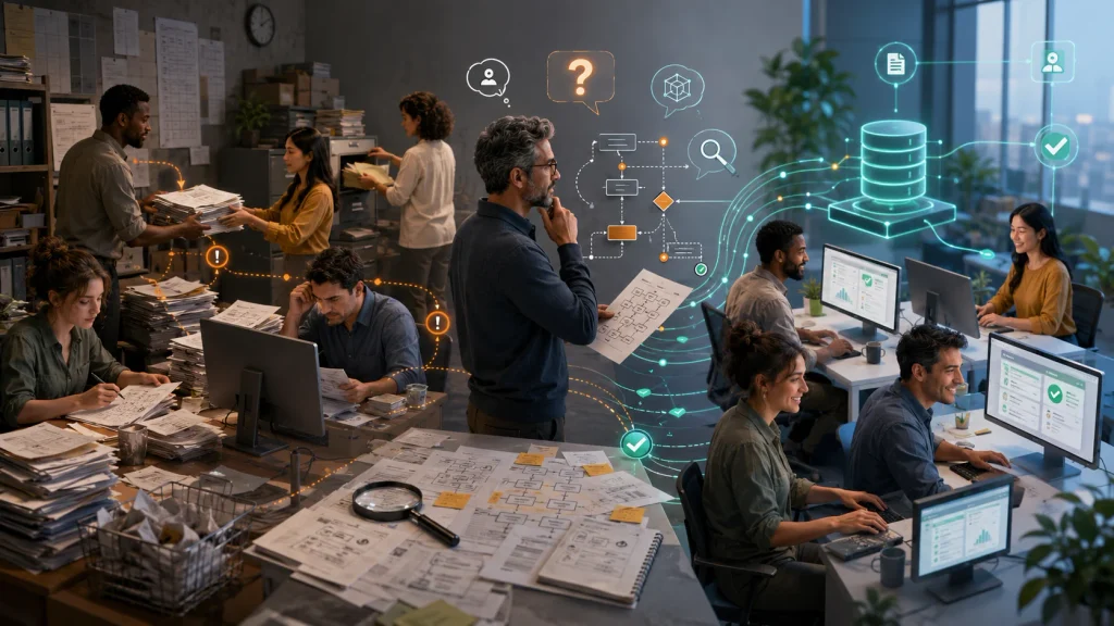A visual business workflow moving from an existing manual process through observation, questions and clarification
