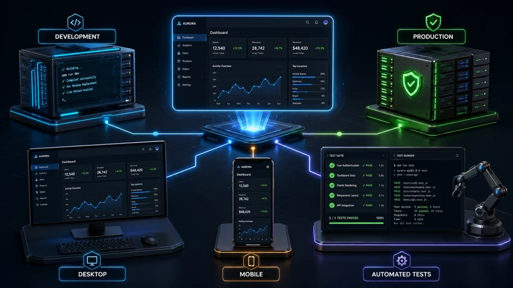 One application being tested across a development server, production server, desktop browser, mobile device and au